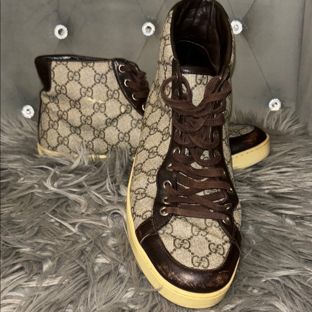 Gucci Beige and Brown Monogram High-Tops(Authentic) $700value must go